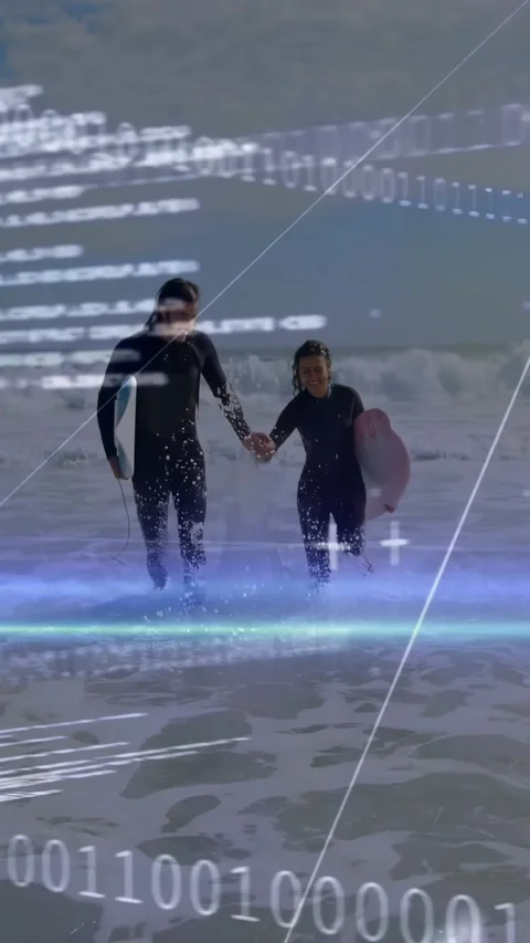 Vertical video: Couple returning to shore, stepping toward camera with boards, Stock Footage 334386182