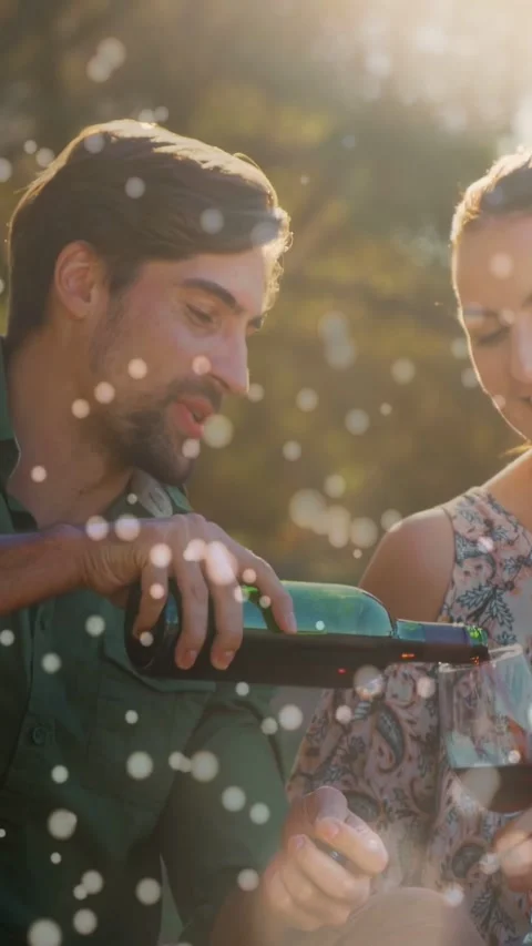 Vertical video: Couple sharing wine after uncorking, man pouring while bokeh Stock Footage 332806596