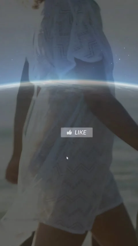 Vertical video: Couple walking along shore while cursor clicking LIKE, social UI Stock Footage 333821390