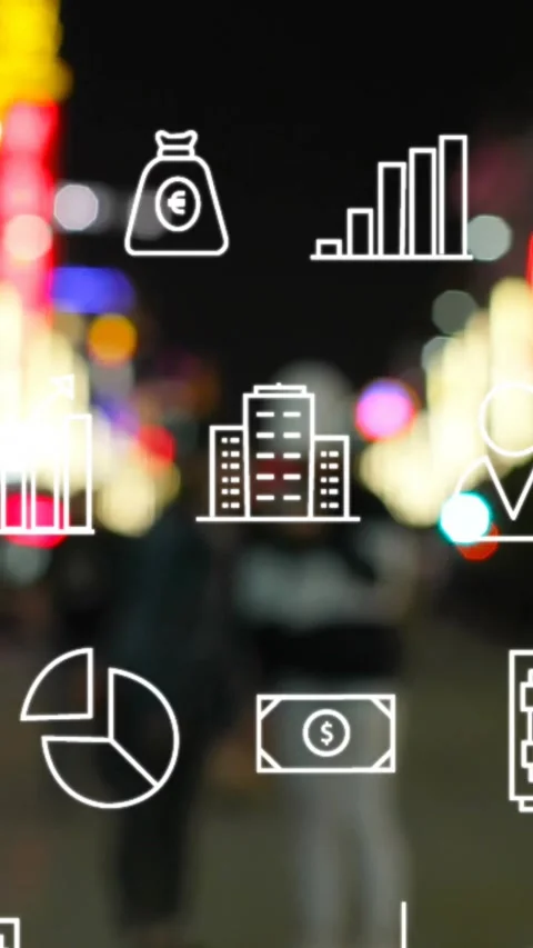 Vertical video: Couple walking, causing finance icons scrolling, overlaying Stock Footage 330430061