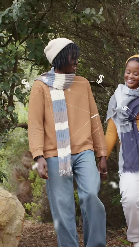Vertical video: Couple walking holding hands, cam panning, dollar icons circling Stock Footage 333896490
