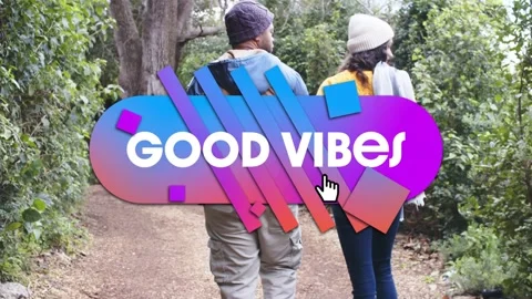Vertical video: Couple walking path, cursor clicking GOOD VIBES badge, expanding Stock Footage 334185651