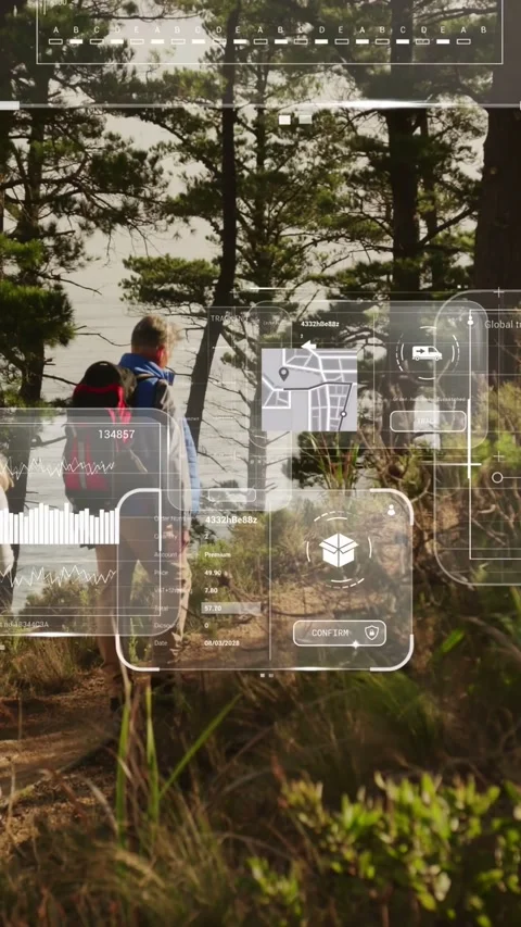 Vertical video: Couple walking pine trail as AR UI forming showing charts map Stock Footage 337541129