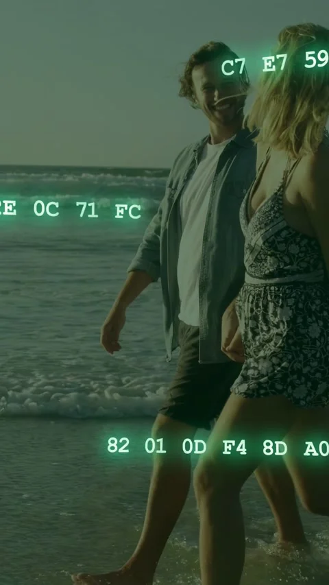 Vertical video: Couple walking into surf holding hands at sunset tech codes Stock Footage 333821706