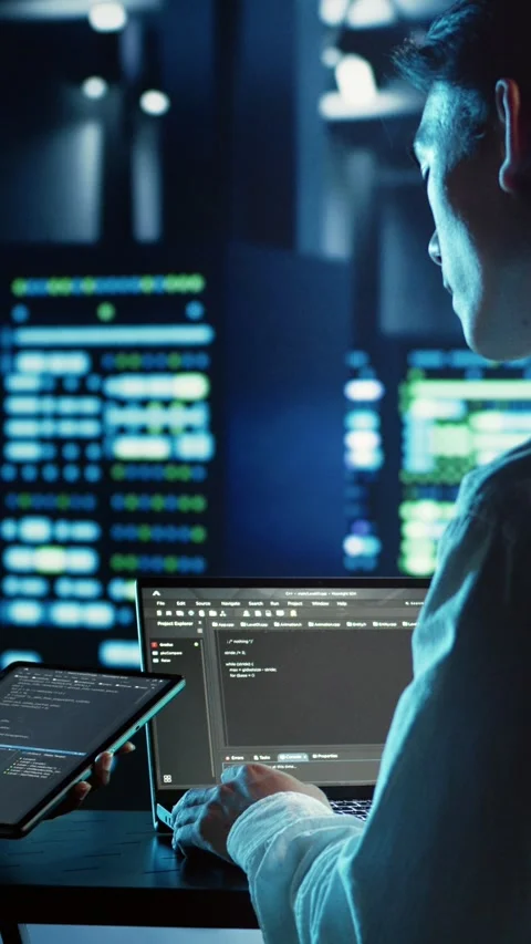 Vertical video Coworkers programming in data center 스톡 동영상 249087193