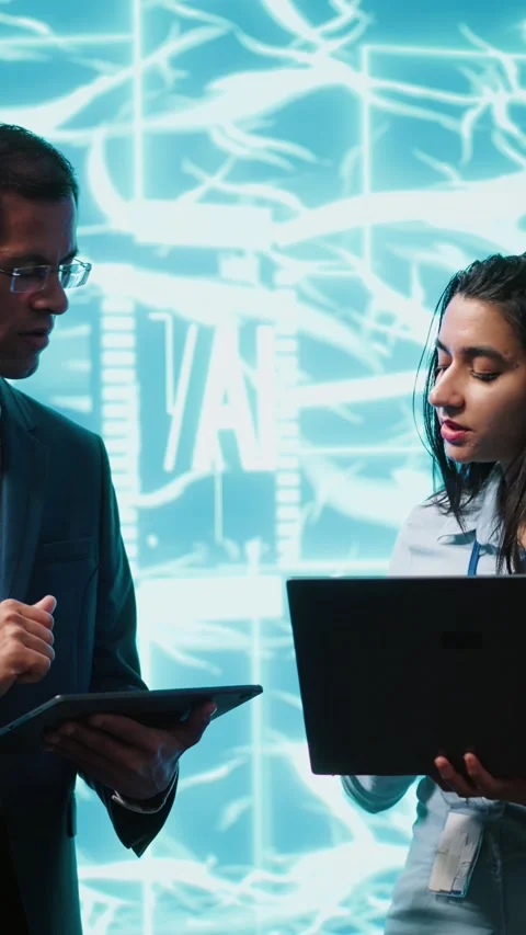 Vertical video Coworkers solving tasks on laptop and tablet, running AI software Stock Footage 278553351