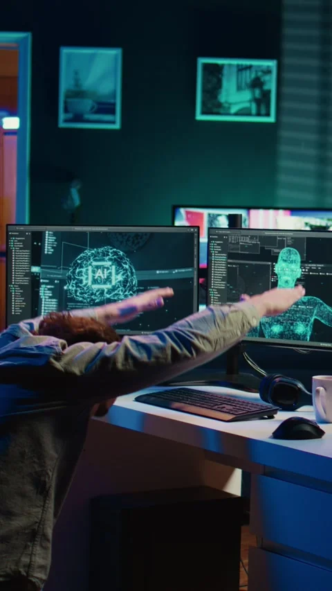 Vertical video Crazy computer scientist doing worshiping reverence in front of Stock Footage 266750186