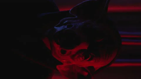 Vertical video of a crazy man wearing a pig mask in a red room with curtains. Stock Footage 233084834