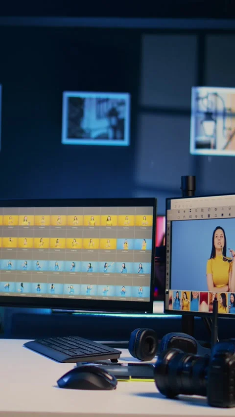 Vertical video Creative office desk with multi monitor computer setup used for Stock Footage 256094376