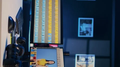 Vertical video Creative office desk with multi monitor computer setup used for Stock Footage 258802490