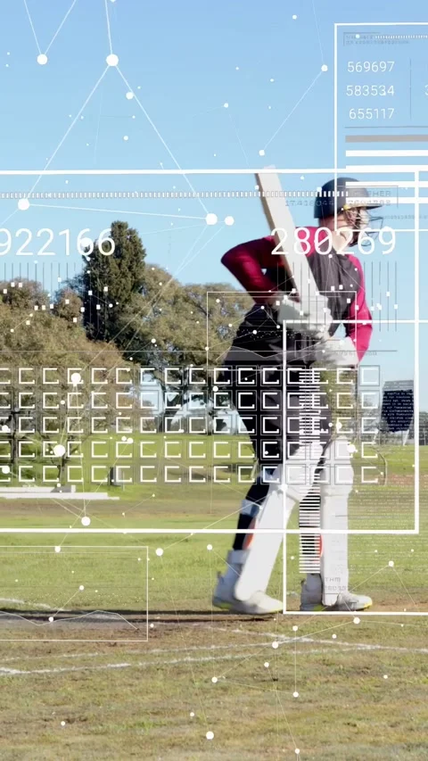 Vertical video: Cricket batter driving to play delivery, HUD overlays tracking Stock Footage 333611142