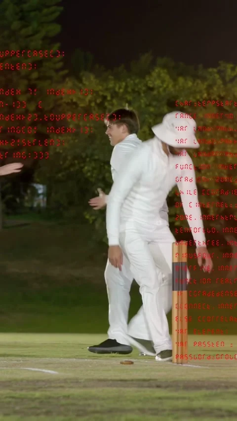 Vertical video: Cricket umpire checking stumps after appeal as team cheering Stock Footage 340133598