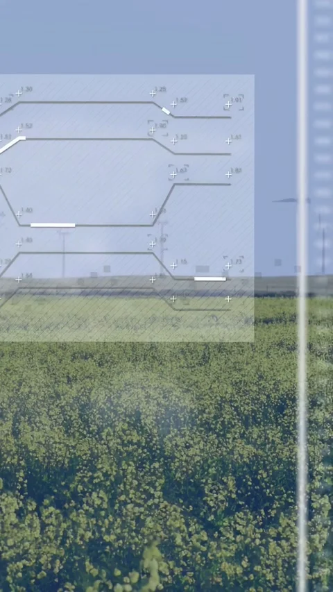 Vertical video: Crop field and turbines steady as map panel fading and sliding Stock Footage 334601231