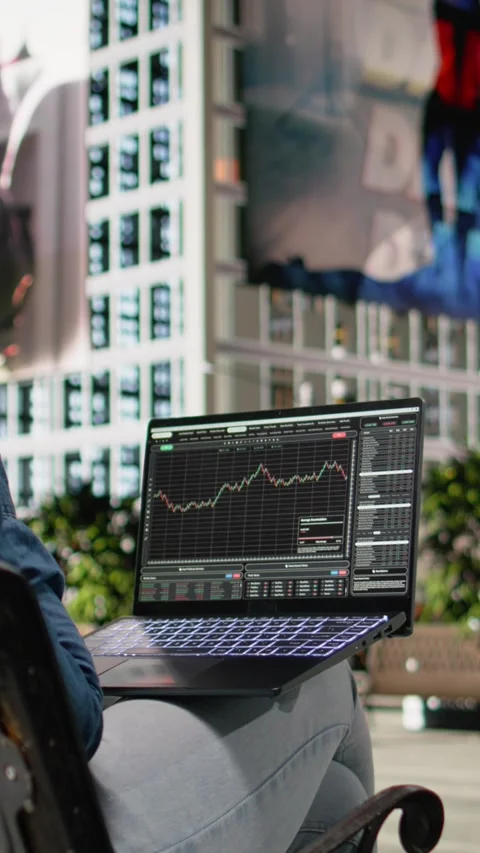 Vertical Video Crosschecking forex financial data, woman with laptop on bench Stock Footage 334200171
