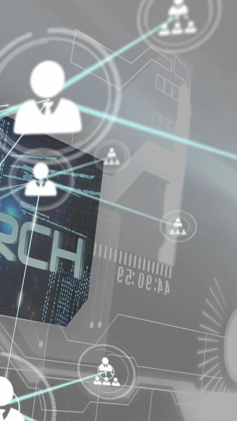 Vertical video: Cube rotating linking user nodes on HUD while camera tilting, Stock Footage 332985295