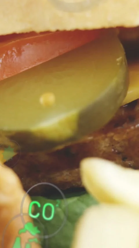 Vertical video: On cue burger showing layers, pickle popping, rings sliding, eco Stock Footage 328398681