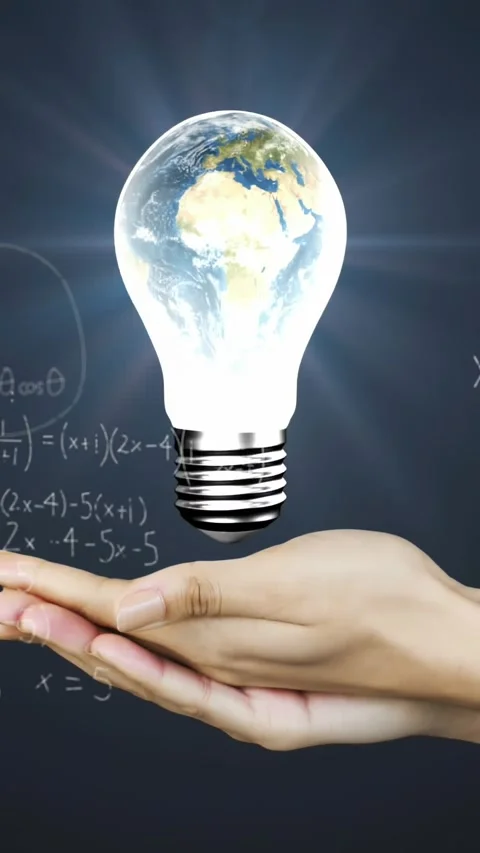 Vertical video: Cupped hands entering causing globe bulb descending glowing math Stock Footage 330769534