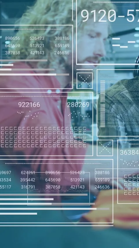 Vertical video: Curly man leaning and handling tablet, HUD data focusing hands Stock Footage 333304489