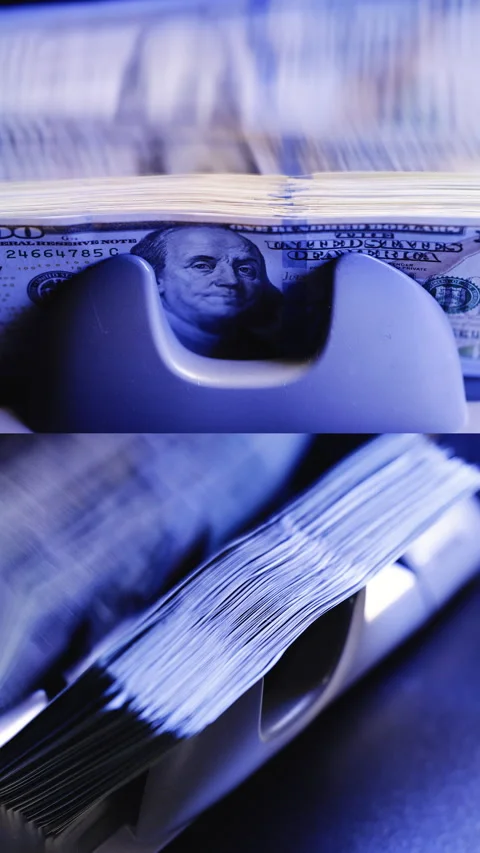 Vertical Video of Currency counting machine counting dollar. Money counting Stock Footage 306548177