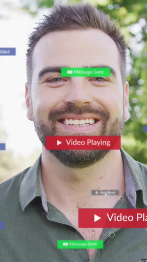 Vertical video: Cursor clicking play man reacting and smiling as tech UI badges Stock Footage 334391423