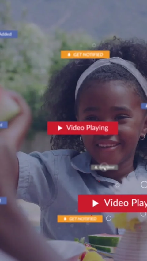 Vertical video: Cursor tapping Play overlay UI tags popping girl taking melon Stock Footage 331333844