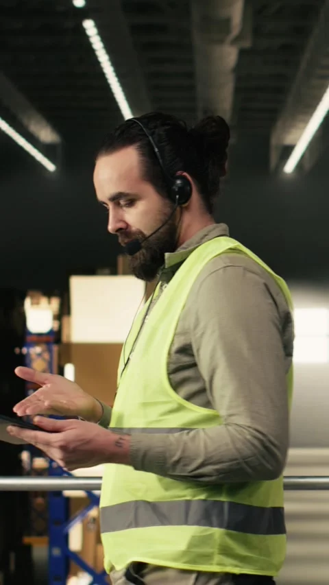 Vertical Video Customer service operator uses headset for phone calls related to 스톡 동영상 330028216