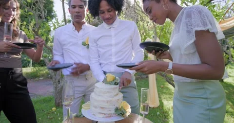 Vertical video: Cutting bowtie man grabbing server and serving cake slices to Stock Footage 343241698