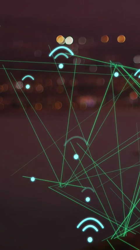 Vertical video: Cyan arcs nodes growing from corner hub, linking lines showing Stock Footage 333978381