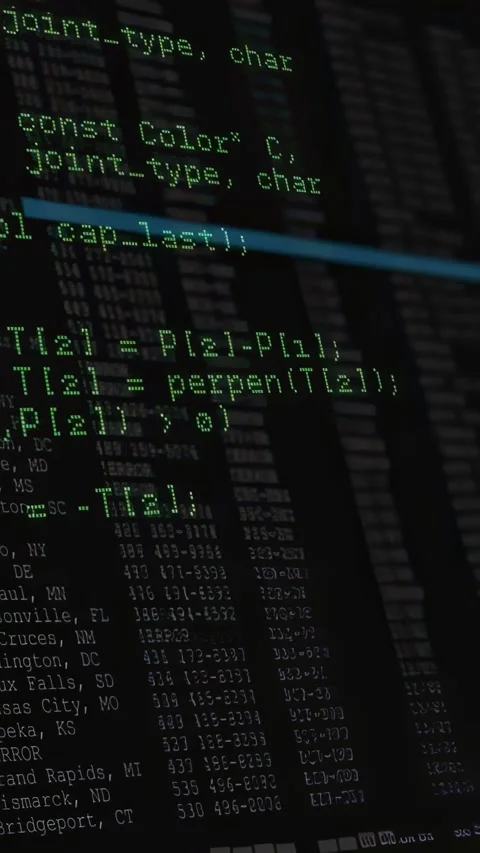 Vertical video: Cyan bar appearing sliding down code, revealing phone list for Stock-Footage 334390789