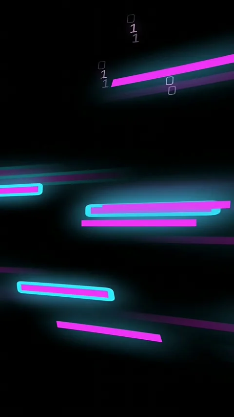Vertical video: Cyan bar appearing, magenta bars sliding, binary and purple Stock Footage 334770910