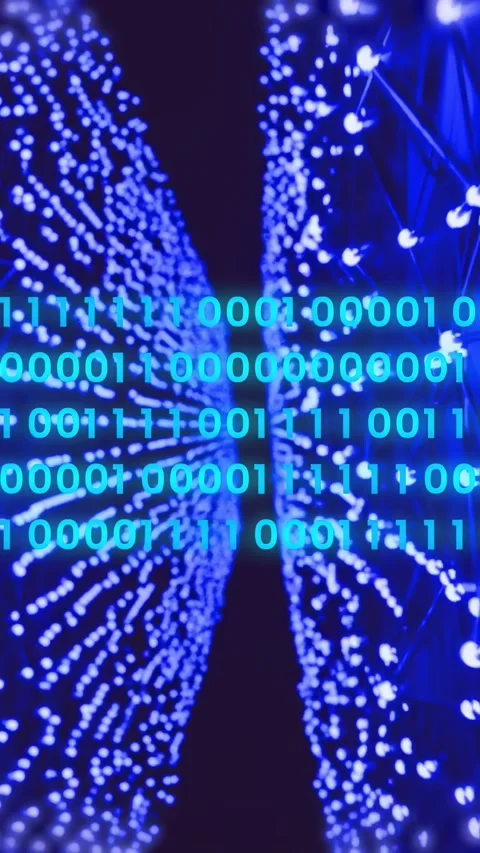 Vertical video: As cyan binary code fading in, thin LED panels pulsing and Stock Footage 334378167