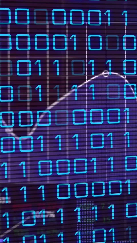 Vertical video: Cyan binary pulsing as data arriving, area and white line Stock Footage 331128844