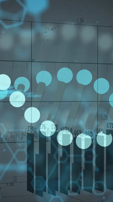 Vertical video: Cyan code focusing, UI animating nodes and bars, waveform Video stock 332747805