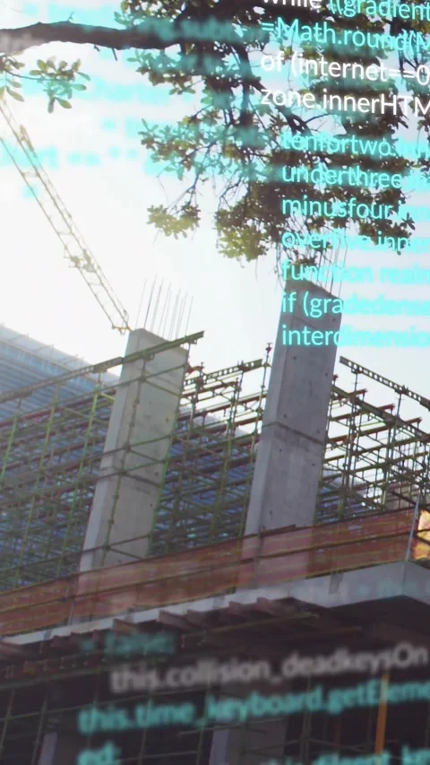 Vertical video: Cyan code overlay appearing moving down over columns, scaffold, Stock Footage 330305873