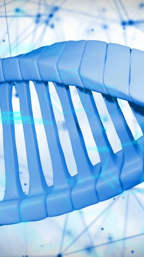 Vertical video: With cyan code starting, helix rotating, tilting, exposing Stock Footage 335741084