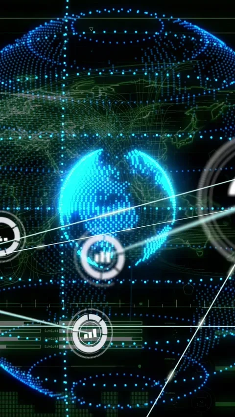 Vertical video: Cyan dotted globe rotating as tech icons, lines, rings, bars Video stock 332823623