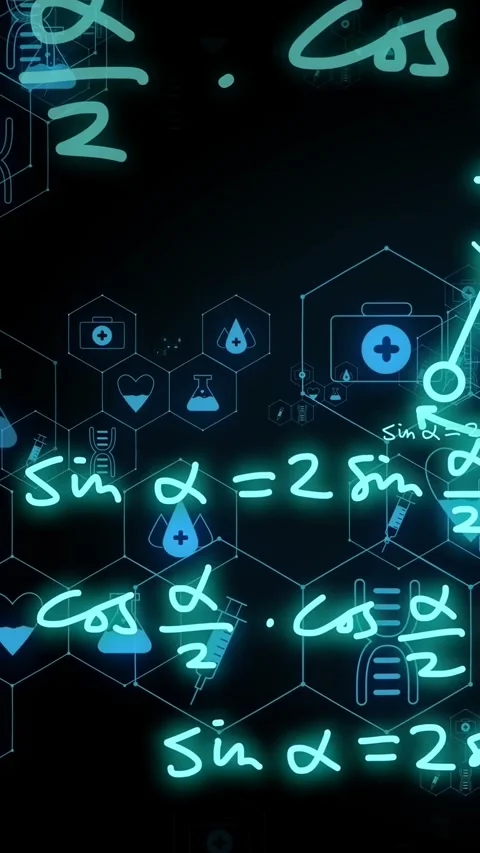 Vertical video: Cyan equations and hex bio icons cascading from right, forming Stock Footage 334378269