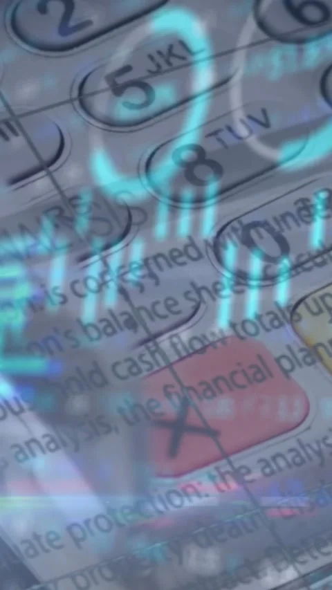Vertical video: Cyan graph overlay starting, scrolling and pulsing over keypad, Stock Footage 329841274