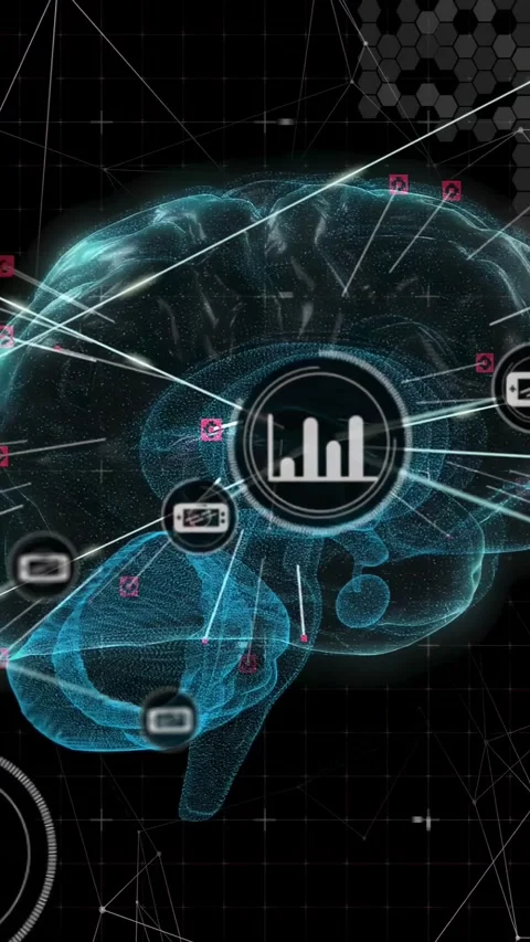 Vertical video: Cyan mesh brain rotating while HUD pulsing, emitting glyphs and Stock Footage 332381759