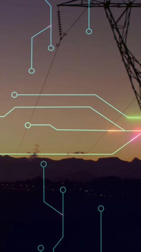 Vertical video: Cyan nodes appearing right and forming neon traces near tower Stock Footage 329934127