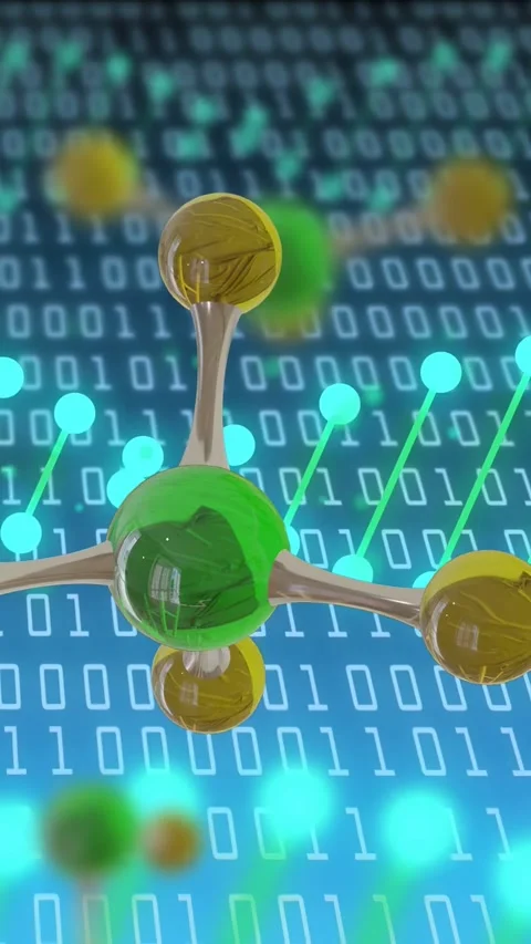 Vertical video: Cyan nodes pulsing making green molecule rotating as camera Stock Footage 334792802
