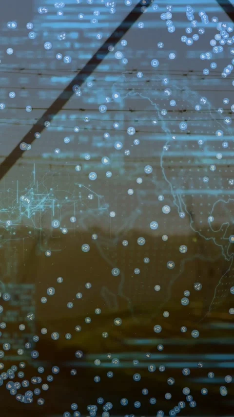Vertical video: Cyan overlay starting scan, pulsing nodes, code mapping data Stock Footage 334397582