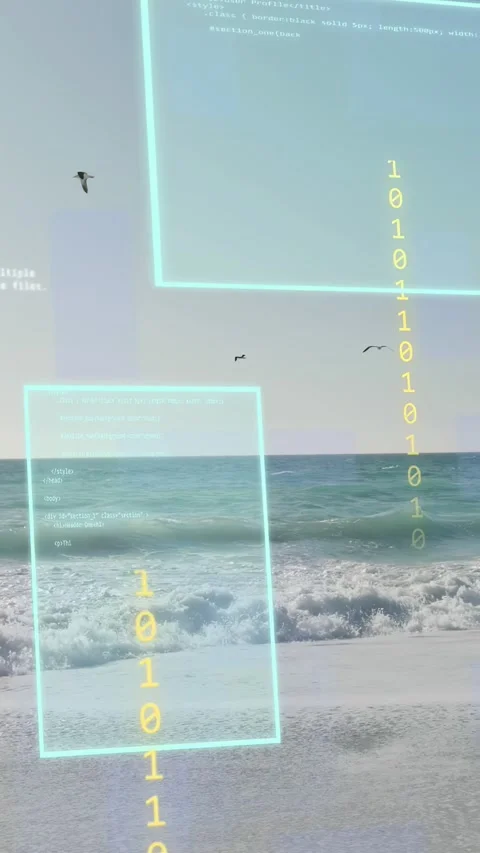 Vertical video: Cyan rectangle appearing, overlays shifting, sea being Stockbeeldmateriaal 333777304