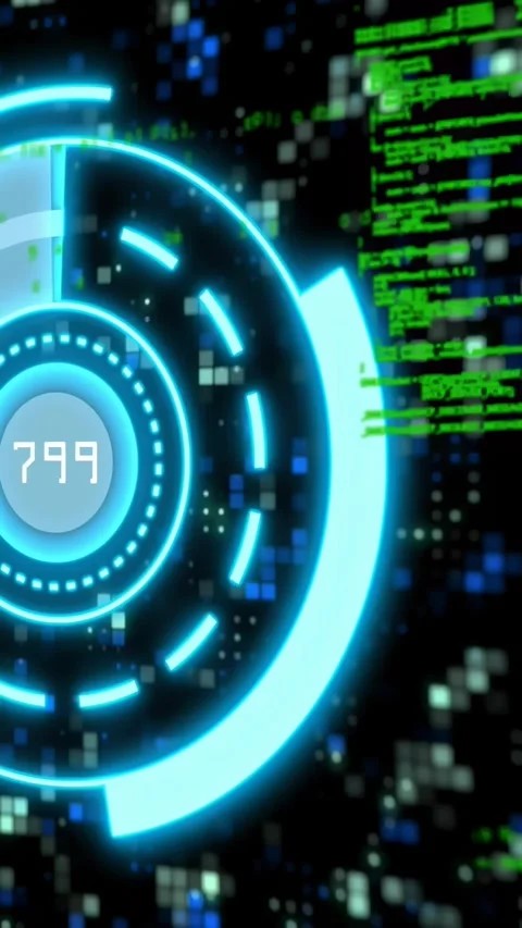 Vertical video: Cyan ring appearing, HUD pulsing, arcs rotating, readout Stock Footage 330395722