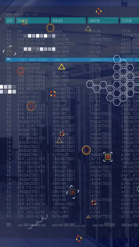 Vertical video: Cyan scan bar sliding, HUD overlaying server racks, marking Stock Footage 332595020