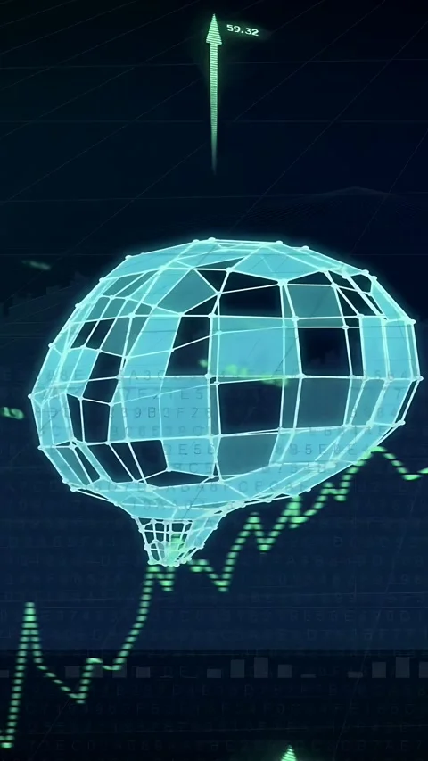 Vertical video: Cyan wireframe globe rotating while green arrow rising from Stock Footage 335802815