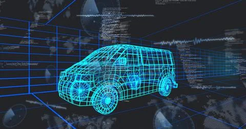 Vertical video: Cyan wireframe van model rotating on grid, data stream updating 스톡 사진