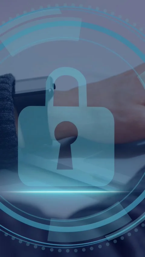 Vertical video: Cyber title appearing, man typing keys, HUD rings and padlock Stock Footage 334792960