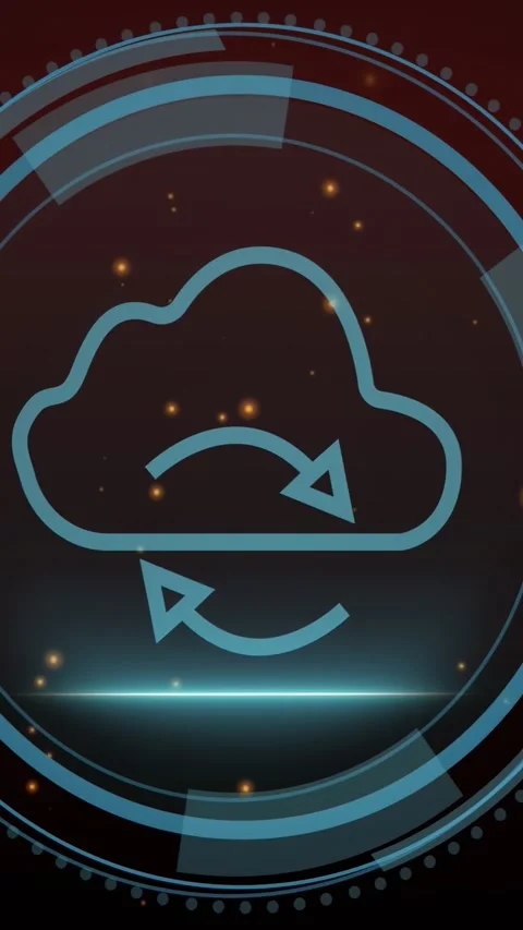 Vertical video: Cybersecurity appearing, HUD rings rotating, cloud sync drawing Stock Footage 328331827