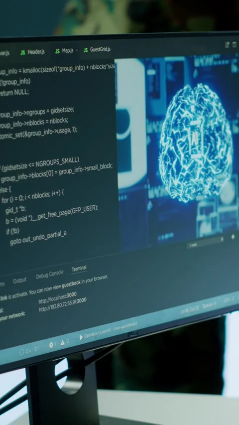 Vertical Video Cybersecurity expert oversees intelligence gathering through AI Stock Footage 280012611
